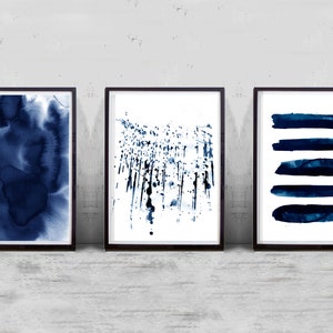 Abstract Watercolor Prints Set of 3 Indigo Blue Wall Art Navy Painting ...