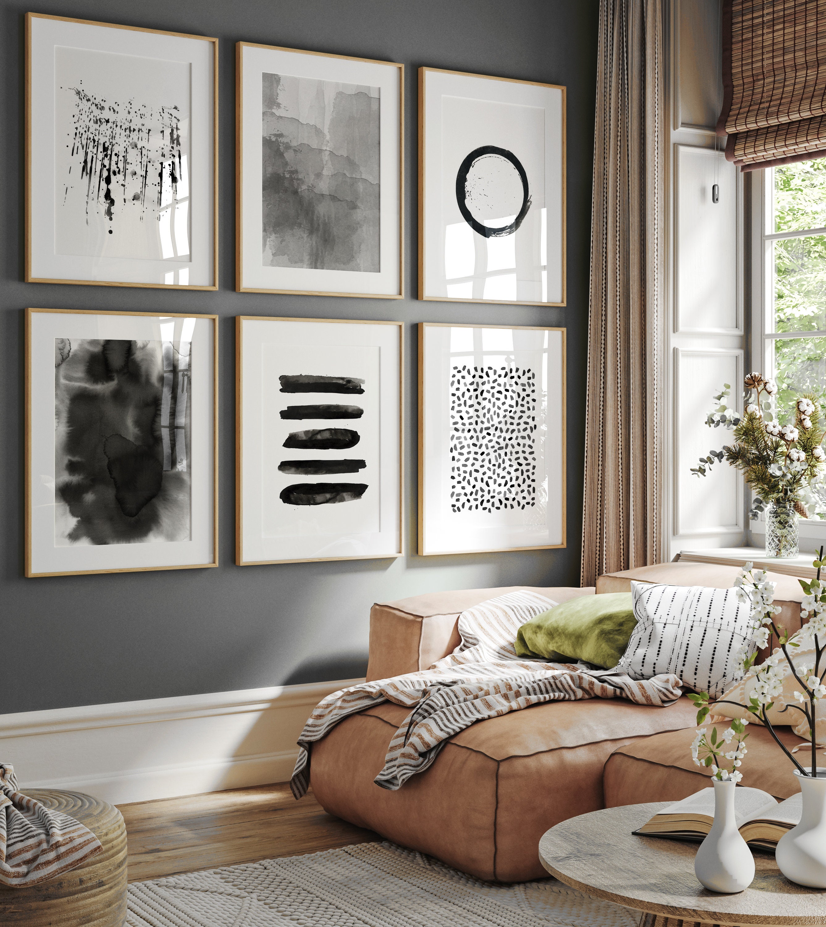 Abstract Watercolor Prints Set of 6 Black White Wall Art Minimalist ...