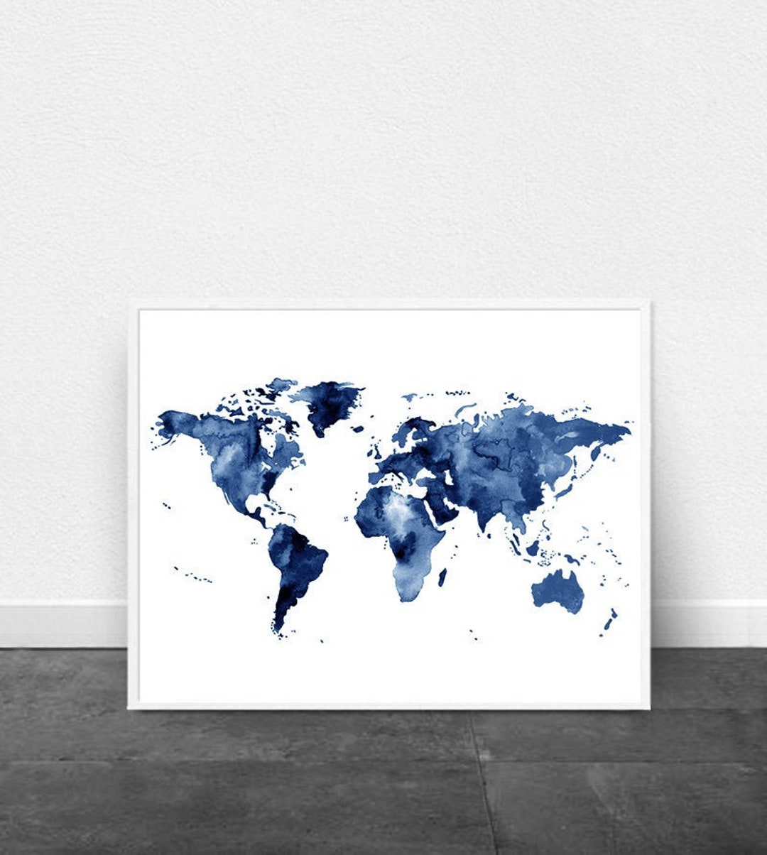 World Map Watercolor Painting Navy Blue Home Decor Modern Art - Etsy