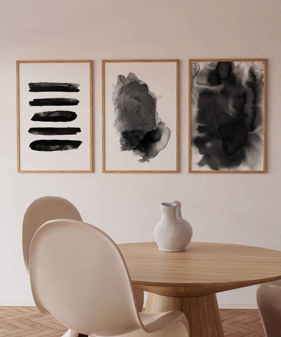 Black White Wall Art Abstract Prints Set Watercolor Paintings Dashes ...