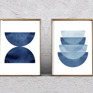 Abstract Watercolor Prints Set of 2 Indigo Blue Navy Wall Art Geometric ...
