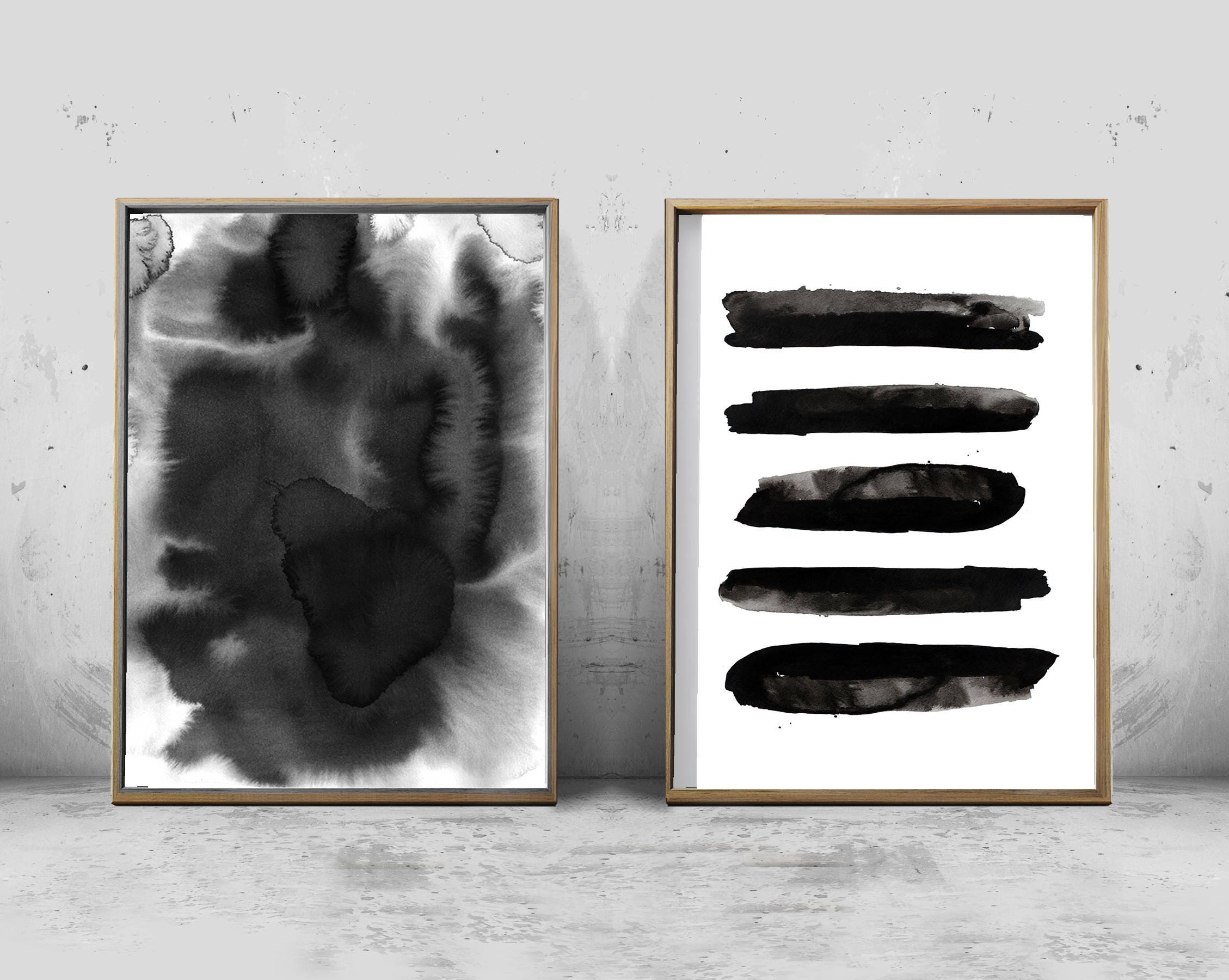 Abstract Watercolor Prints Set of 2 Paintings Black White Wall Art ...