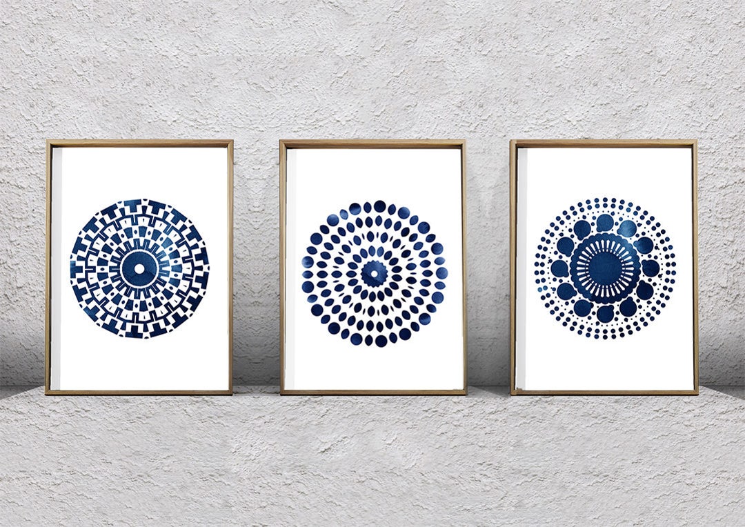 Set of 3 Mandala Prints, Printable Wall Art, Blue and White Decor ...