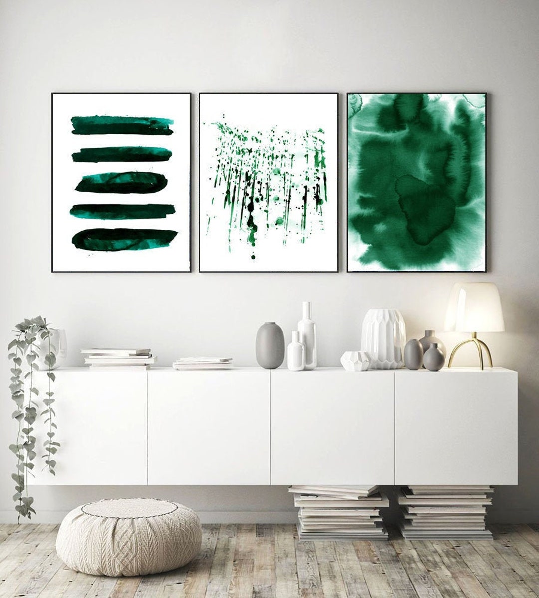 Large Abstract Prints Set Watercolor Paintings Emerald Green Wall Art ...