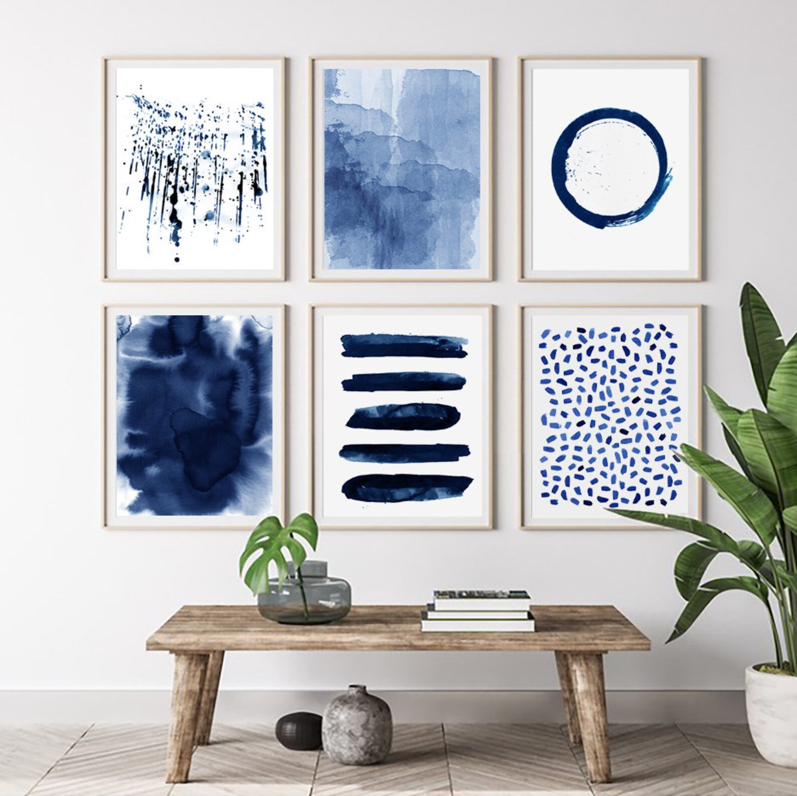 Abstract Watercolor Prints Set of 6 Blue Wall Art Minimalist Etsy