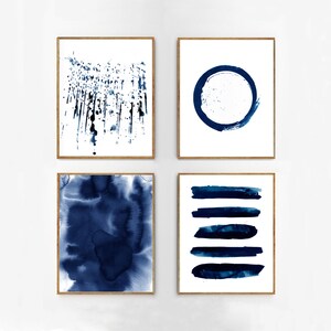 Blue Wall art Large Abstract Watercolor Paintings Indigo Navy Art Prints Minimalist art Paint Strokes Stripes Splatter Circle Coastal Decor