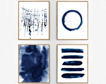 Blue Wall art Large Abstract Watercolor Paintings Indigo Navy Art Prints Minimalist art Paint Strokes Stripes Splatter Circle Coastal Decor