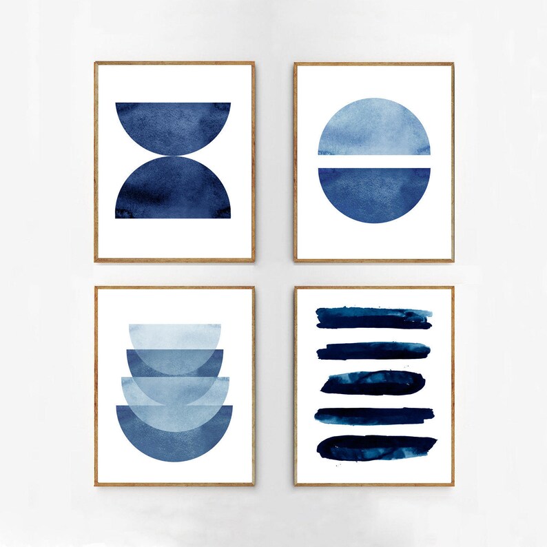 Abstract Watercolor Painting Prints Set Blue White Indigo Blue Wall art Navy art Print Circle Stripes Geometric art Minimalist Poster Boho image 1