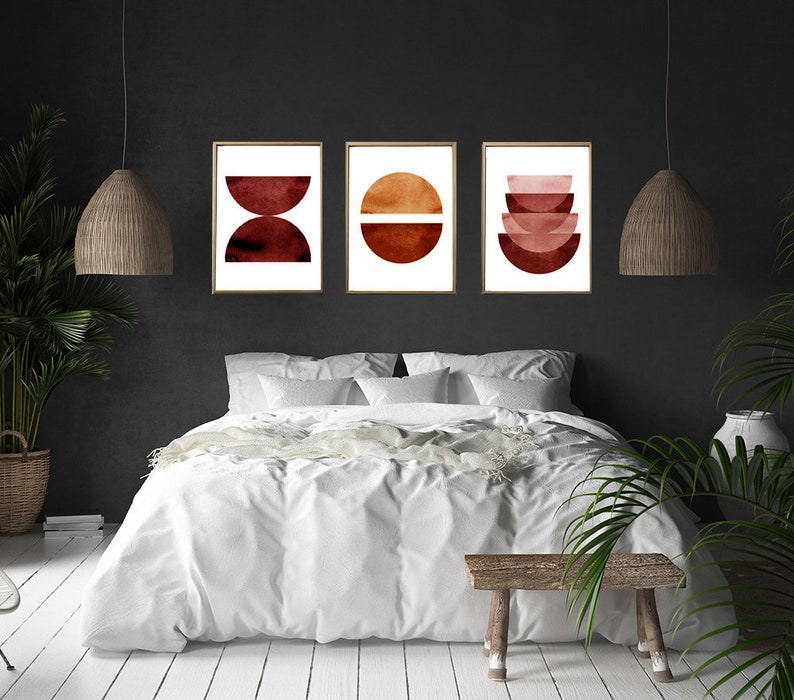Burnt Orange Print Set Geometric Wall art Set of 3 Abstract Watercolor Paintings Boho Home Decor Minimalist art Circle Terracotta Paintings