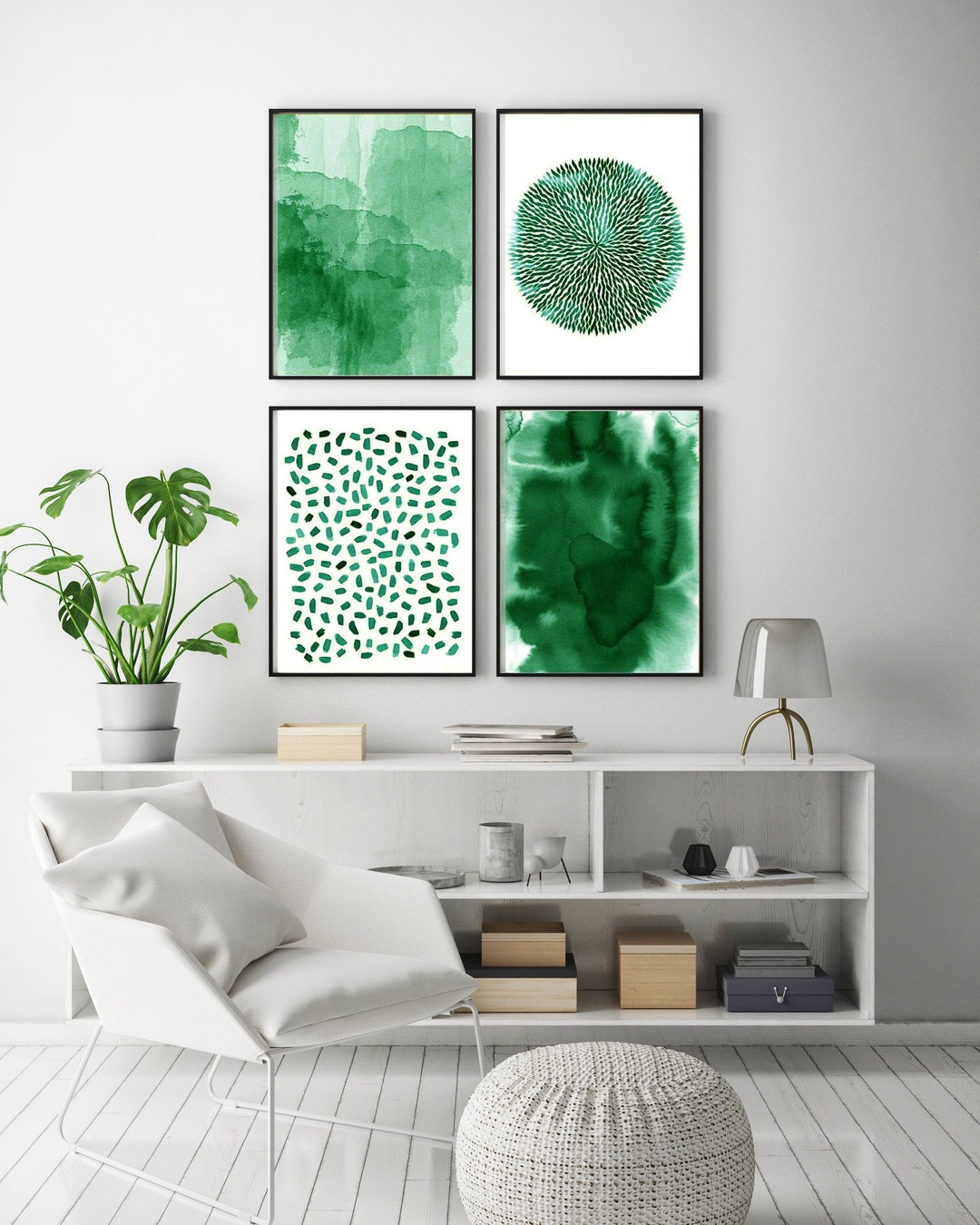 Emerald Green Wall Art Set of 4 Prints Abstract Watercolor Paintings Boho Home Decor Minimalist ...