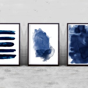 Abstract Watercolor Navy Blue Prints Set of 3 Indigo Blue Wall Art ...