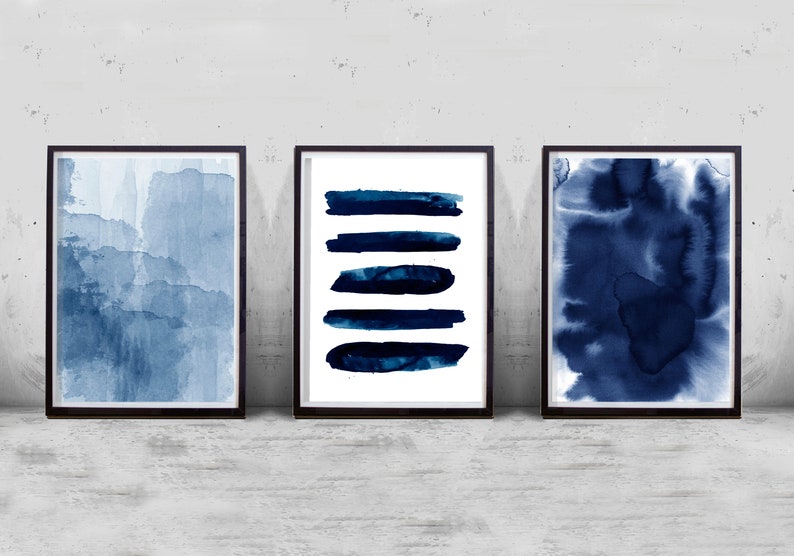 Abstract Watercolor Set Minimalist Art Navy Blue Wall Indigo Stripes Brush Stroke Minimal Contemporary Modern Printable Boho Decor