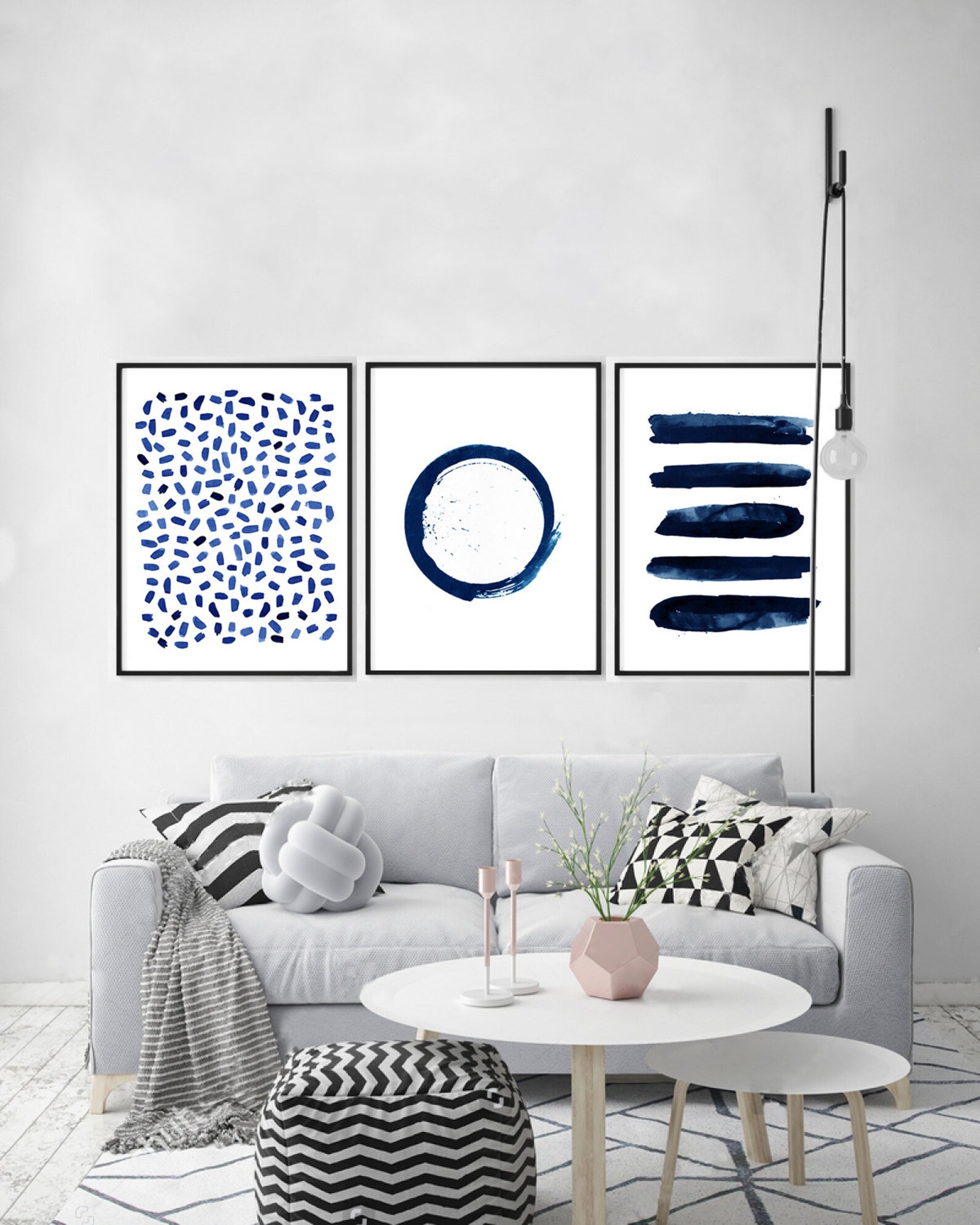 Navy Blue Wall Art Set of 3 Abstract Watercolor Prints Abstract ...