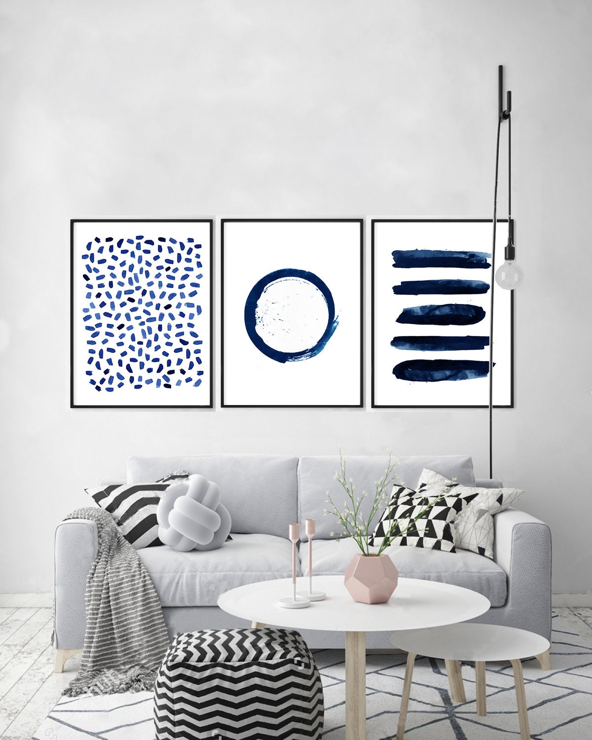 Navy Blue Wall Art Set of 3 Abstract Watercolor Prints Abstract ...