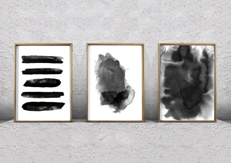 Abstract Wall Art Watercolor Prints Black White Minimalist Stripes Brush Strokes Splatter Boho Decor Gray Monochrome Minimal Modern