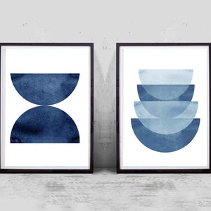 Abstract Watercolor Prints Set of 2 Indigo Blue Navy Wall Art Geometric ...