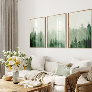 Nordic Nature Wall Art Set. Green Foggy Forest