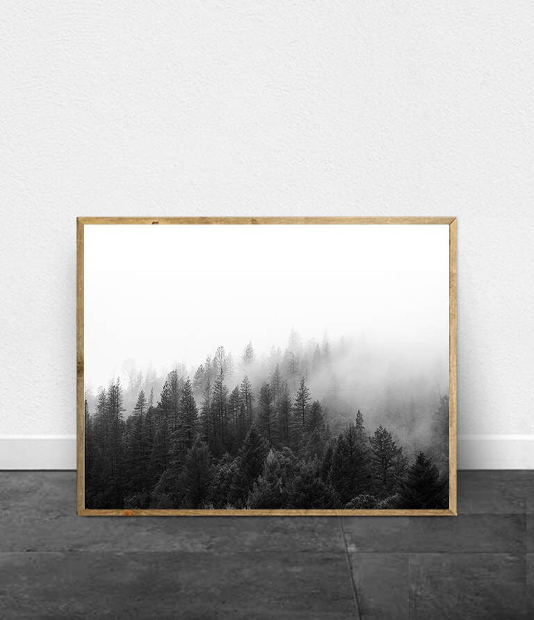 Black and White Landscape Photo Fog Forest Mountain Nordic Nature Print ...