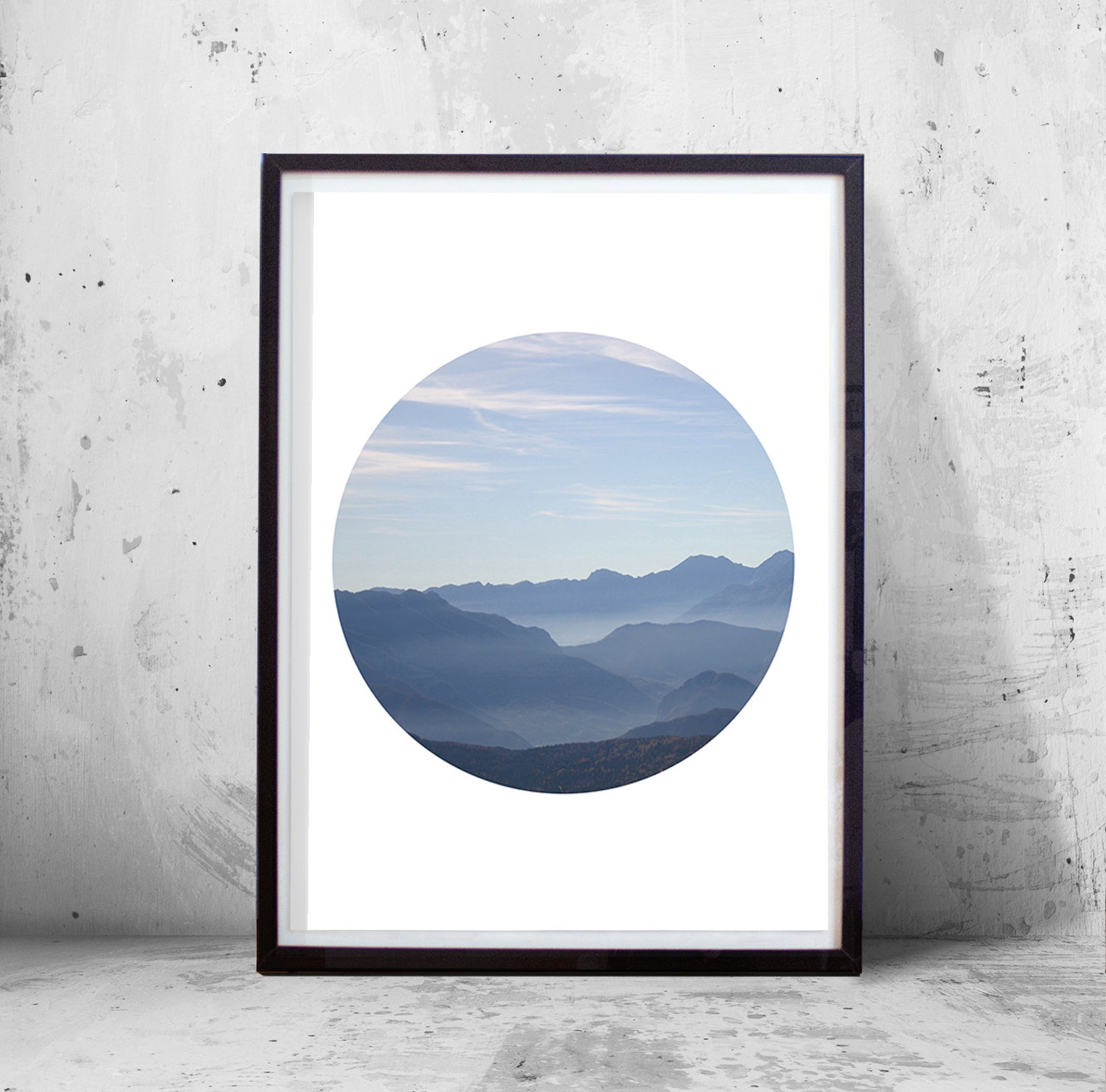 Mountains Print Blue Gray Wall Art Nordic Nature Circle Art Etsy