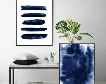 Modern art Prints Set of 2, Indigo Blue Wall art, Navy Home Decor, Abstract Paintings Set, Minimalist art, Watercolor Paintings