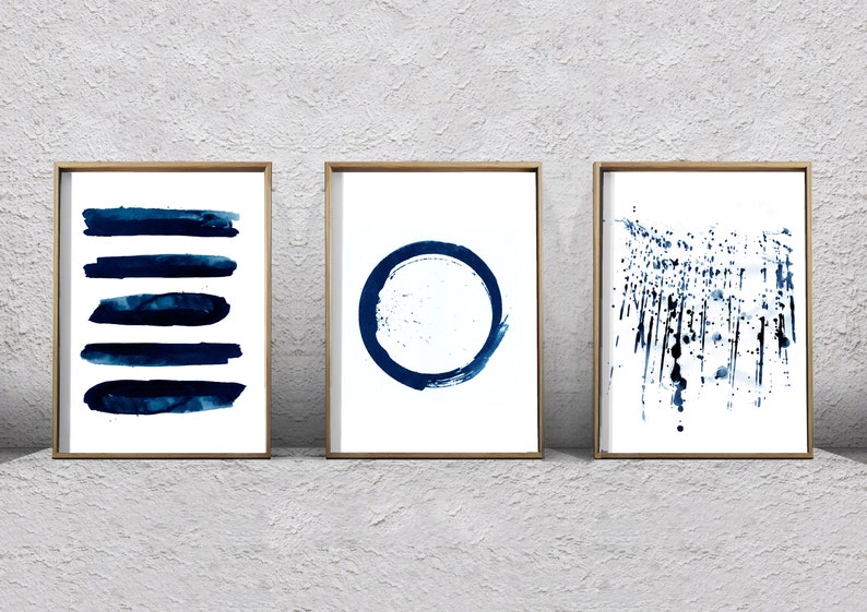 Abstract Watercolor Set Minimalist Art Navy Blue Wall Indigo Paint Splatter Circle Stripes Brushstrokes Minimal Contemporary Modern