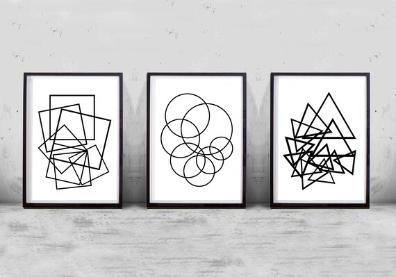 Geometric Art Prints Set Of 3 Black White Wall Art Abstract Etsy