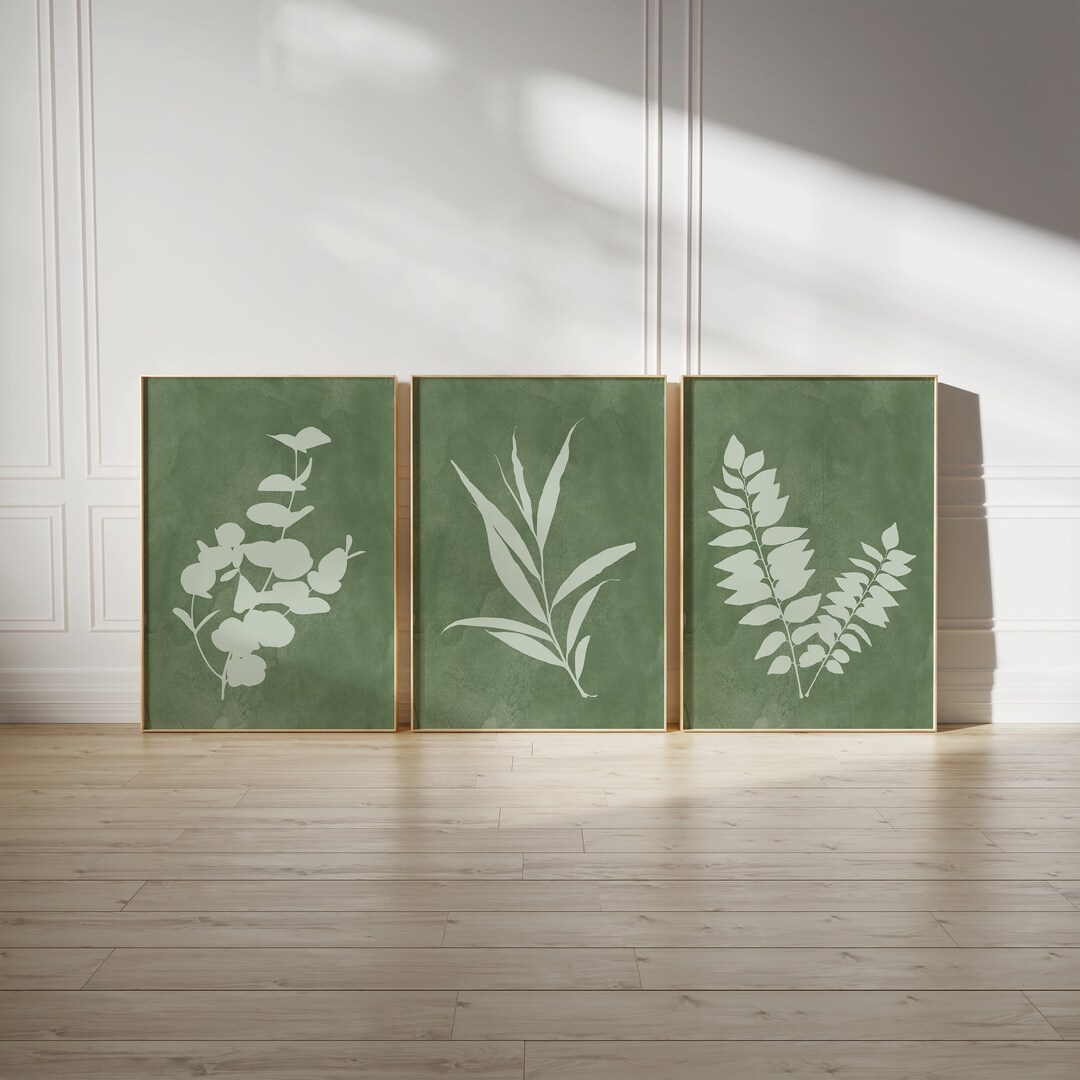 Set of 3 Botanical Prints Sage Green Wall Decor Watercolor Leaf Prints ...