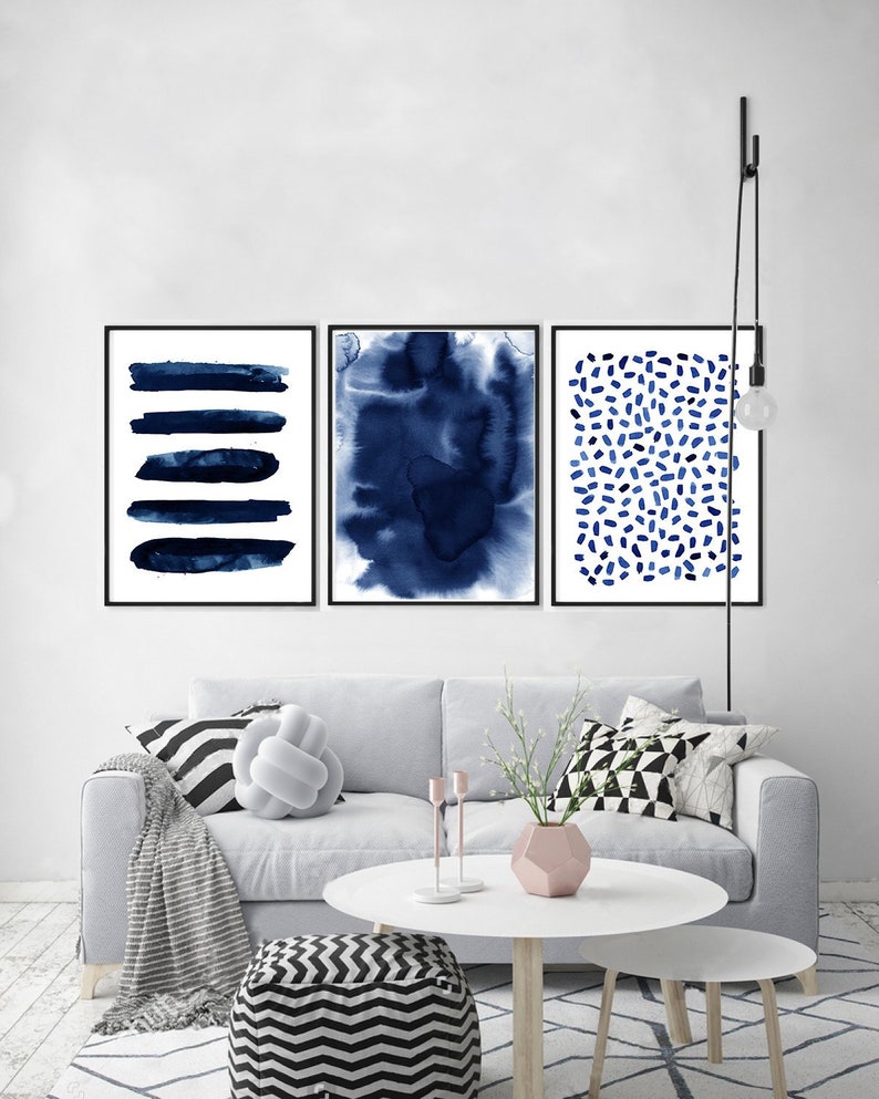 Large Wall Art Navy Blue Abstract Art Set of 3 Paintings Etsy