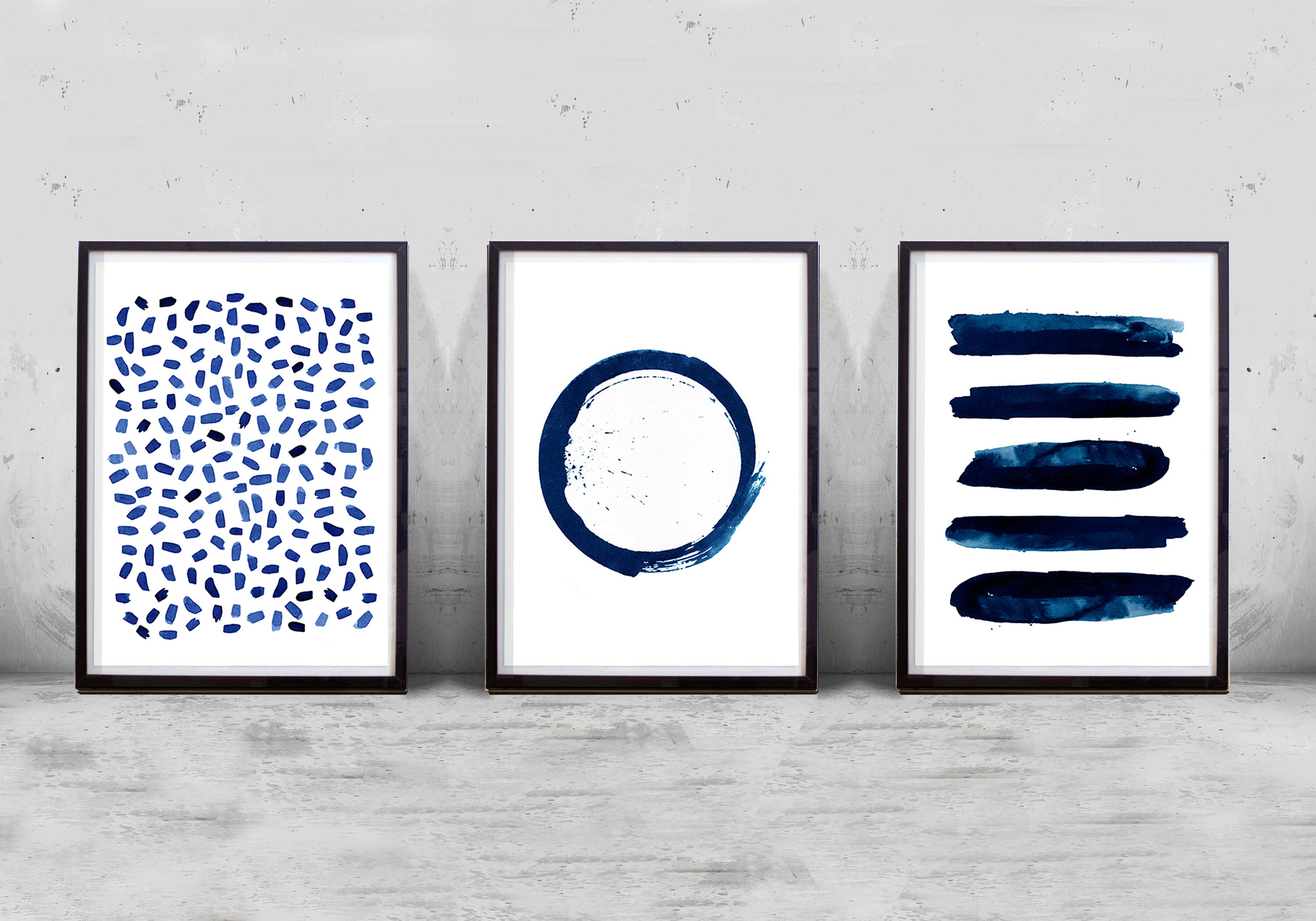 Navy Blue Wall Art Set of 3 Abstract Watercolor Prints Abstract ...