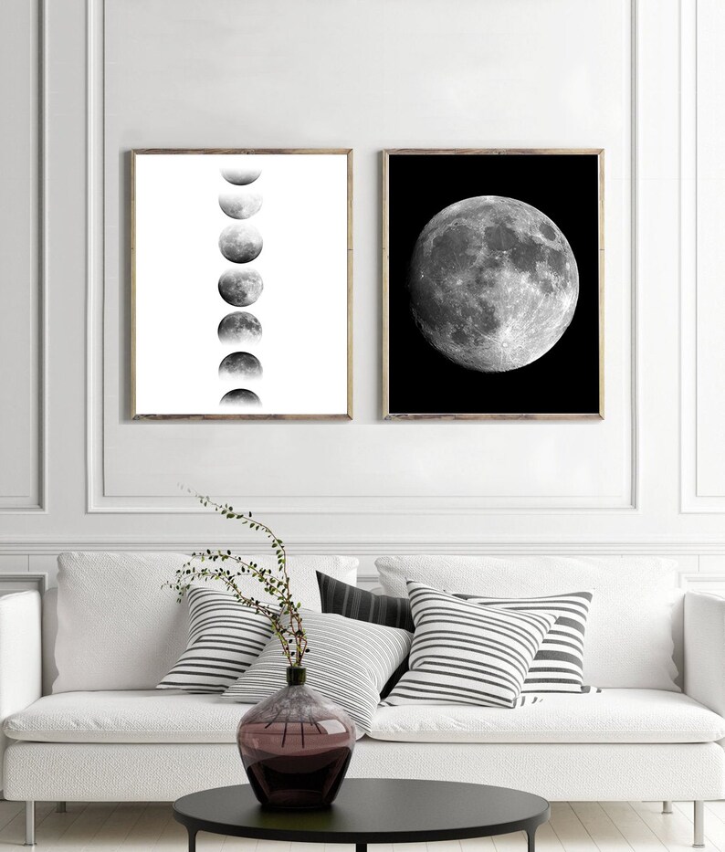 Moon Prints Set of 2 Lunar Phases Black White Wall art Etsy