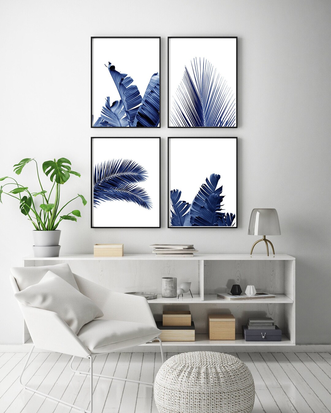 Blue Leaf Prints Set of 4 Indigo Blue Navy Wall Art Boho Home Decor ...