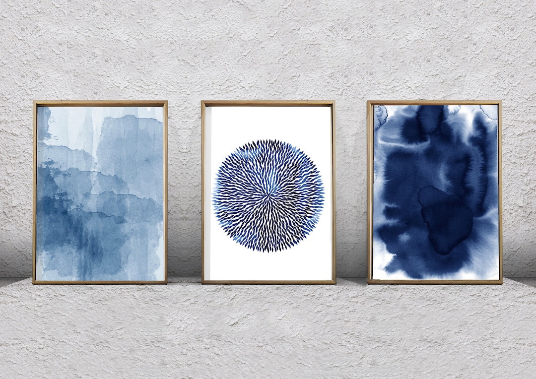 Abstract Art Prints Watercolor Set of 3 Indigo Blue Navy Wall Art ...