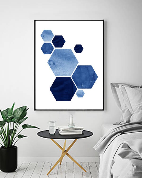 Blue Abstract Watercolor Print Geometric Art Hexagons Minimalist Painting  Scandinavian Poster Large Blue Wall Art Indigo Minimal Boho Decor - Etsy