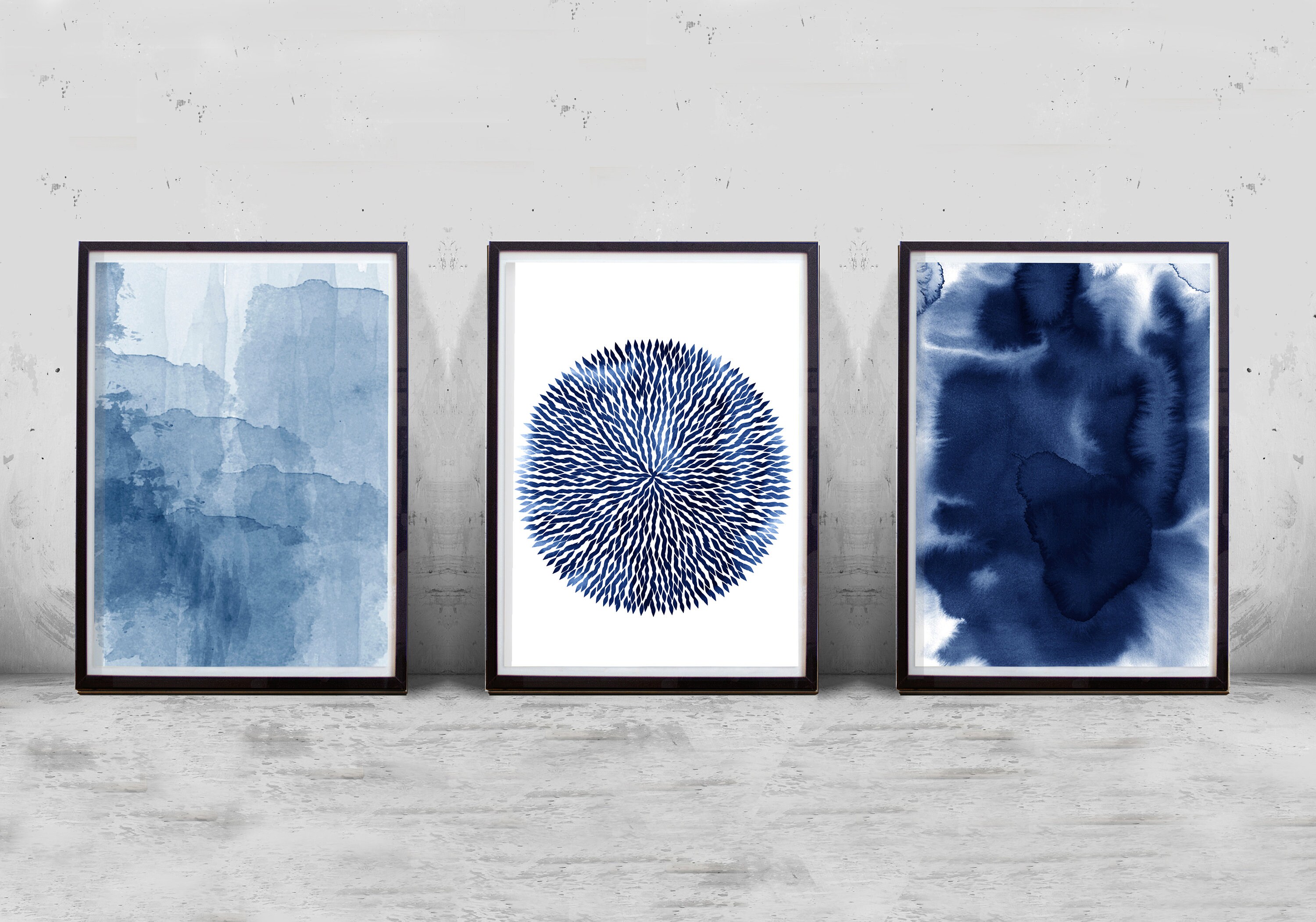 Abstract Art Prints Watercolor Set of 3 Indigo Blue Navy Wall Art ...