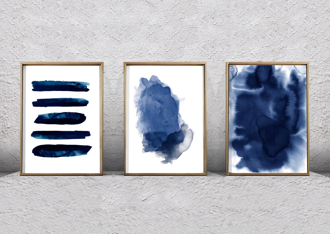 Abstract Watercolor Navy Blue Prints Set of 3 Indigo Blue Wall Art ...