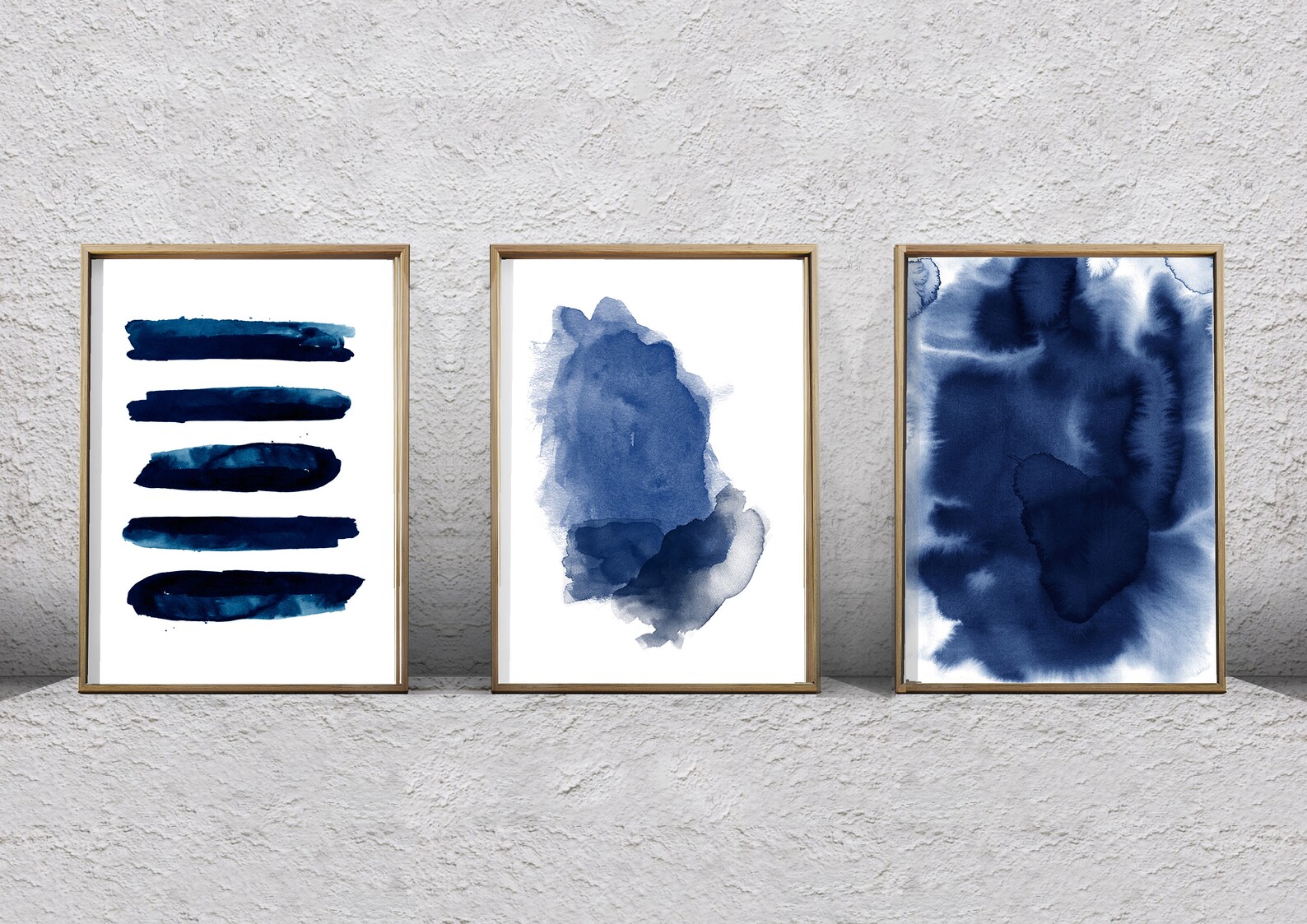 Abstract Watercolor Navy Blue Prints Set of 3 Indigo Blue Wall Art ...
