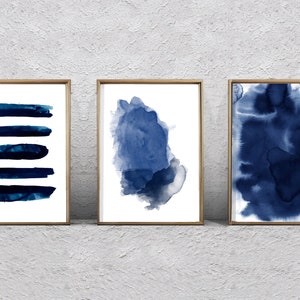 Abstract Watercolor Navy Blue Prints Set of 3 Indigo Blue Wall art Stripes Splatter Brush strokes Boho Decor Modern Contemporary Coastal Art