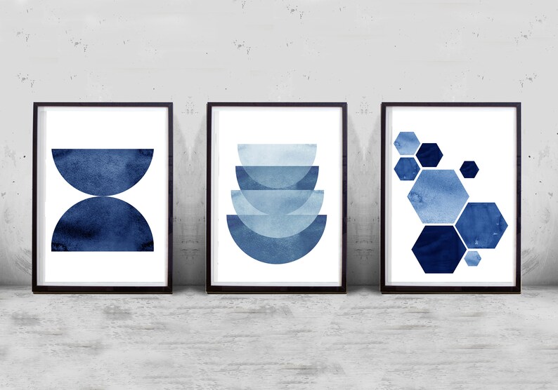 Set of 3 Abstract Watercolor Prints Indigo Blue art Navy Wall art Geometric Prints Hexagon Minimalist art Scandinavian Nordic Prints Boho image 5