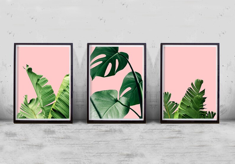 Topical Leaf Prints Set Pink Green Wall Art Botanical Posters ...