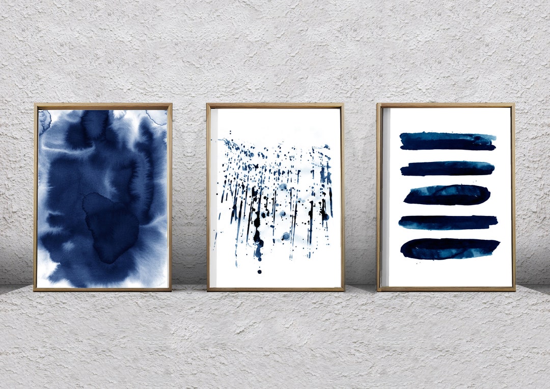 Abstract Watercolor Prints Set of 3 Indigo Blue Wall Art Navy Painting ...