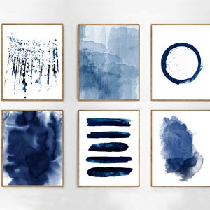 Abstract art Prints Watercolor Set of 6 Blue Paintings Indigo Navy Wall art Modern Contemporary Minimalist Boho Paint strokes Brush strokes