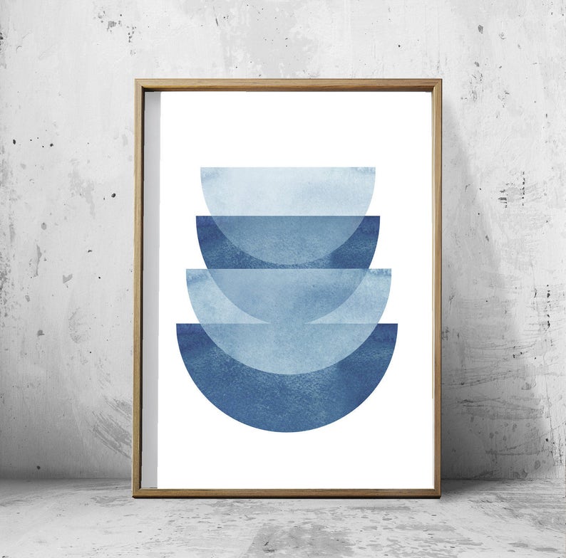 Abstract Watercolor Painting Prints Set Blue White Indigo Blue Wall art Navy art Print Circle Stripes Geometric art Minimalist Poster Boho image 4