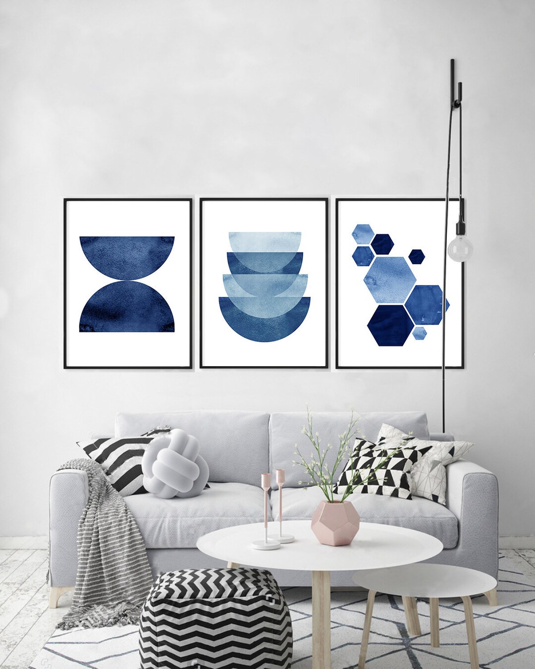 Blue Abstract Watercolor Prints Set Triptych Geometric Wall Art Large ...