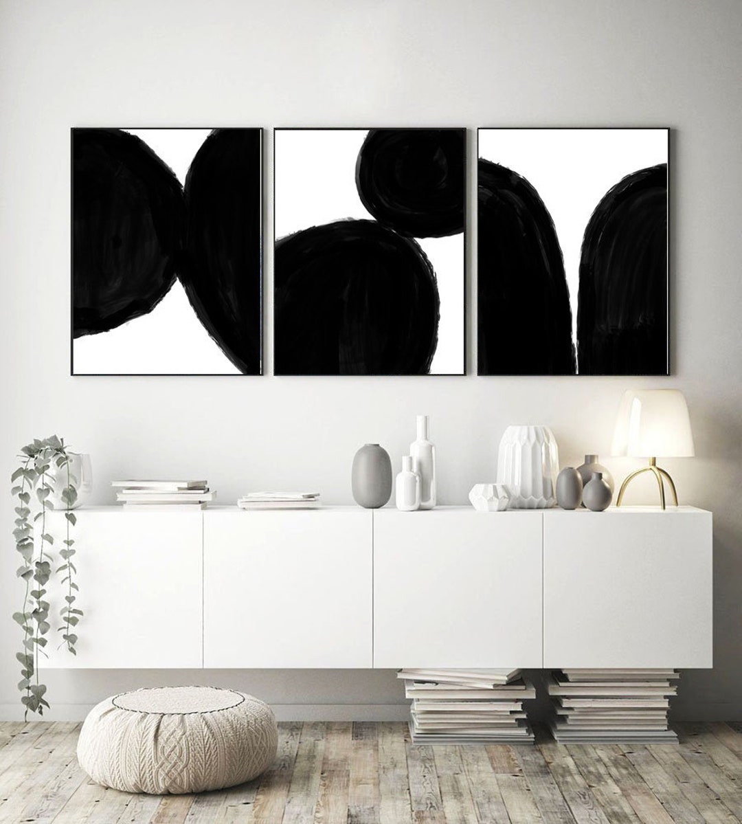 Set of 3 Black and White Abstract Art Prints Minimalist Paintings Boho ...