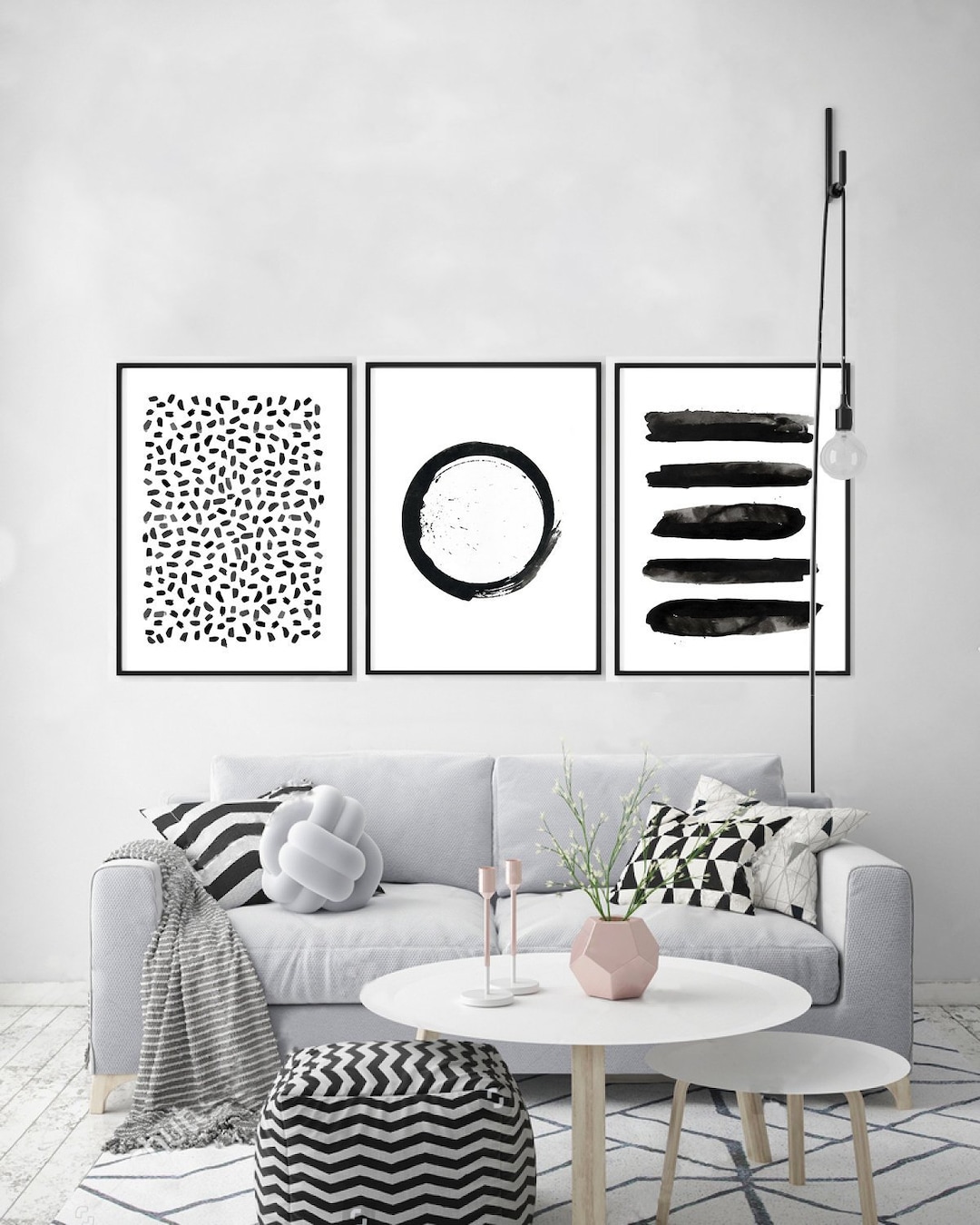 Black and White Wall Art Abstract Prints Set of 3 Dots Print, Circle ...