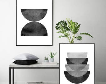 Abstract Watercolor Prints Set of 2 Black White Wall art Gray Geometric Posters Minimalist art Scandinavian art Minimal Painting Modern Boho