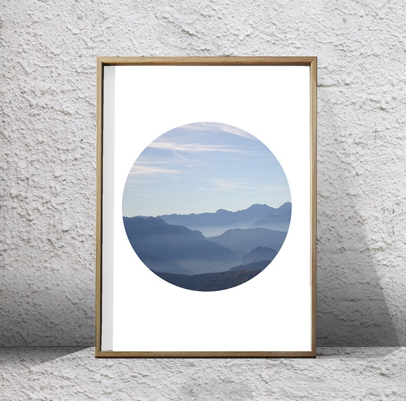 Mountains Print Blue Gray Wall Art Nordic Nature Circle Art | Etsy