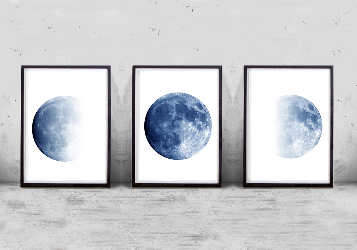 Moon Art Prints Set, Blue Wall Art Moon Phases Lunar Posters Set of 3 ...
