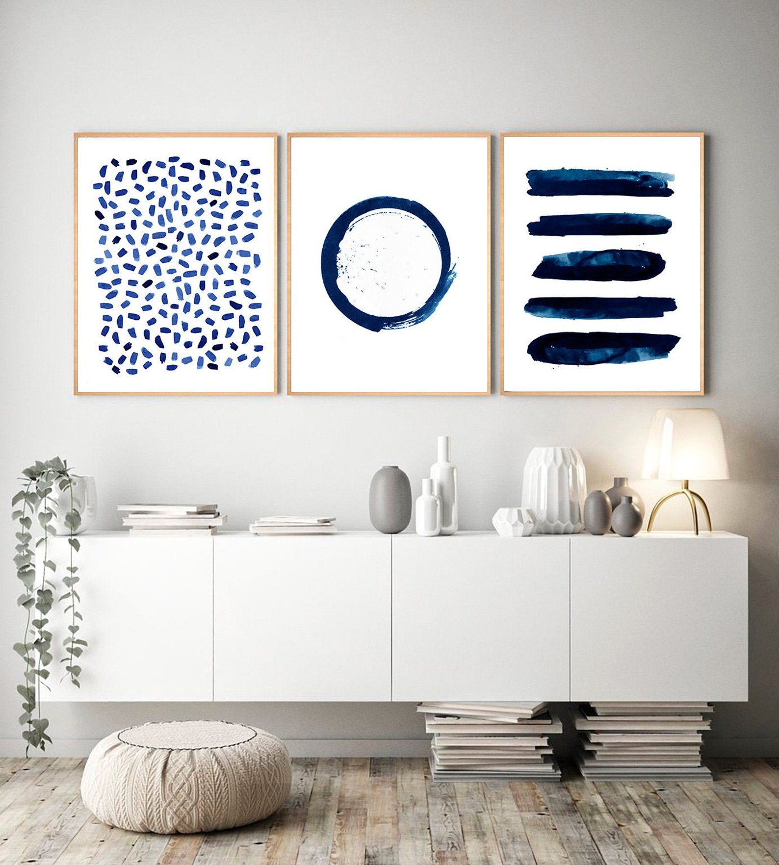 Navy Blue Wall Art Set of 3 Abstract Watercolor Prints Etsy