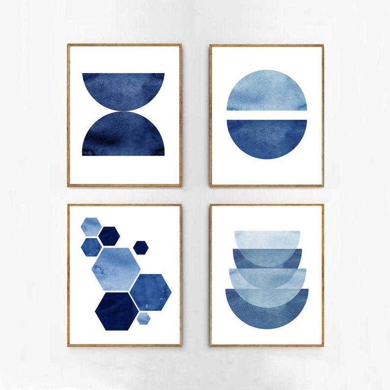 Geometric Wall Art Navy Blue Indigo Watercolor Prints Set of 4 Etsy